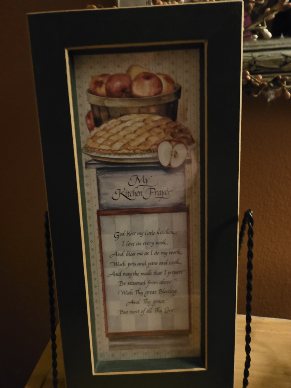 Framed Kitchen Prayer Wall Art with Apple and Pie Illustration